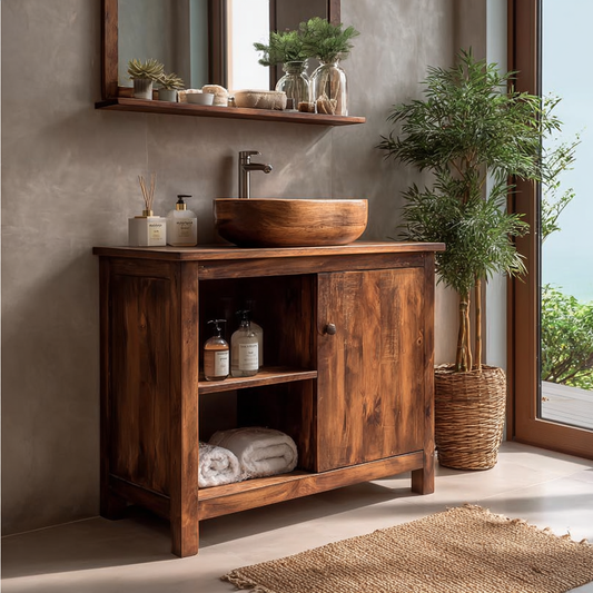 Handcrafted Solid Wood Bathroom Vanity Cabinet with Open Shelf
