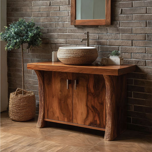 Solid Wood Bathroom Vanity Cabinet with Natural Stone Vessel Sink